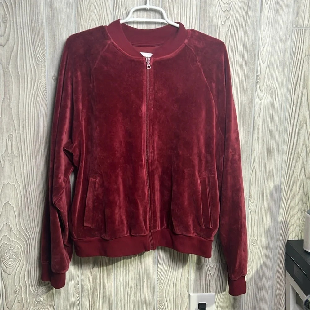 TNA Red Velour Velvet Long Sleeve Zip Front Jacket Sweater Top Size Large